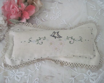Vintage Pincushion Hand Sewn and Embroidered Linen Flower and Butterfly Sewing or Hat Pin Cushion c1930's-40's Nordic Style, Shabby Decor