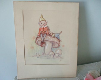 Vintage English Watercolor Painting of an Elf Pixie Signed Ruth Carlson c1940's Original Artwork Nursery Decor,Shower Gift