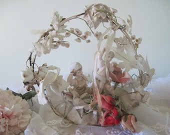 SOLD Please Do Not Purchase! Antique Flower Wedding Cake Topper Decoration c1890 w/ Cherub & Garland Nordic Style