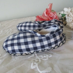 Vintage French Baby Shoes Slippers Gingham Blue and White Check New with Tag 20 -21 Months