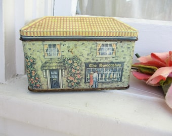 Vintage English Metal Sweet Shop House Tin C1980's Cottage Storage Box Container