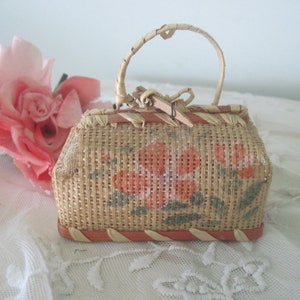 Old Straw Doll Miniature Travel Bag floral Straw c1920
