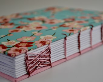 Handmade coptic journal with Japanese paper - Handmade notebook with cheery flowers - Coptic stitch and celtic weave - Chiyogami paper