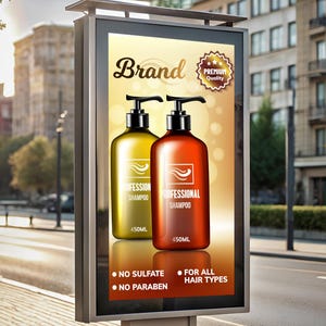 May include: An outdoor advertisement for shampoo. The sign displays two bottles of Professional Shampoo, one yellow and one red-orange, each with a black pump. The bottles are 450ml. The sign also states "No Sulfate, No Paraben, For All Hair Types."