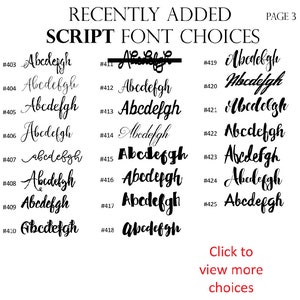 May include: A page from a font book showing a variety of script fonts. The fonts are numbered from 403 to 425. The page is titled "Recently Added Script Font Choices" and "Page 3".