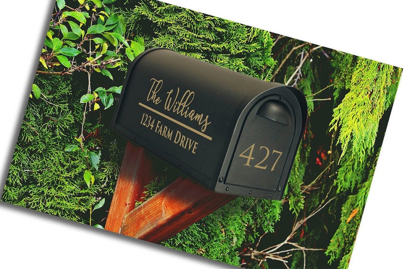 May include: Black mailbox with gold lettering that reads "The Williams" and "1234 Farm Drive". The mailbox also has a gold number "427" on the side. The mailbox is mounted on a wooden post.