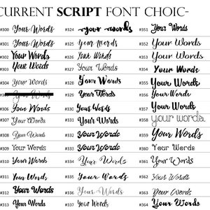 May include: A page from a font book showing a variety of script fonts. The fonts are numbered from 274 to 391. The text "Your Words" is used as a sample for each font.
