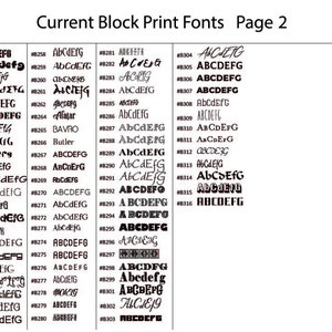 May include: A page from a font book showing a variety of block print fonts. The fonts are numbered and labeled with their names. The page is titled "Current Block Print Fonts Page 2".