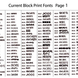 May include: A page from a font book showing a variety of block print fonts. The fonts are numbered and labeled with the letters A, B, C, D, E, F, and G. The page is titled "Current Block Print Fonts Page 1".