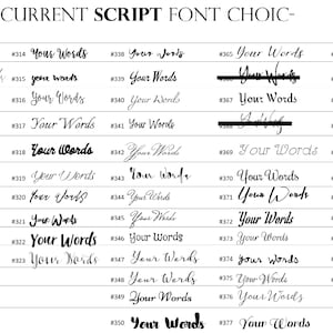 May include: A page from a font book showing a variety of script fonts. The fonts are numbered from 288 to 402. The text "Your Words" is used as a sample for each font.