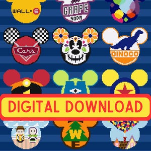 May include: A digital download of 10 pixel art Mickey Mouse ears featuring different Disney characters, including Wall-E, Cars, and Up. The ears are on a blue and white striped background with the text "DIGITAL DOWNLOAD" in yellow.
