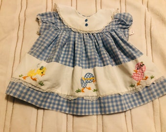 Easter dress - vintage  girl dress - blue gingham dress - bird dress - apron dress