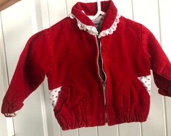 Vintage Red Corduroy Baby Jacket – Floral Accents, Size 3-6 Months