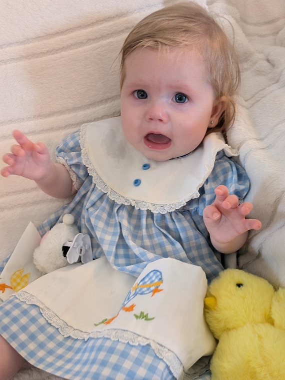 Vintage Blue Gingham Dress - Embroidered Bird Apron, 3-6 Months Vintage Blue Gingham Dress - Embroidered Bird Apron, 3-6 Months