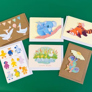 Cartes de voeux faites main - panda roux, koala, loriquets, oies, caméléon