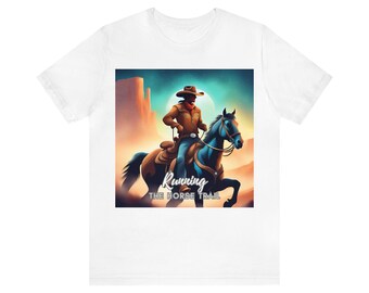 Runner's Tee with Cowboy Graphic - 'Running the Horse Trail' - Athletic Shirt for Trail Runners - Unique Marathon Gift