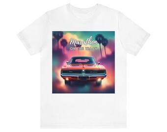 Running & Racing Enthusiast T-Shirt - Vintage Car with Marathon Track, Ideal for Joggers and Classic Car Lovers