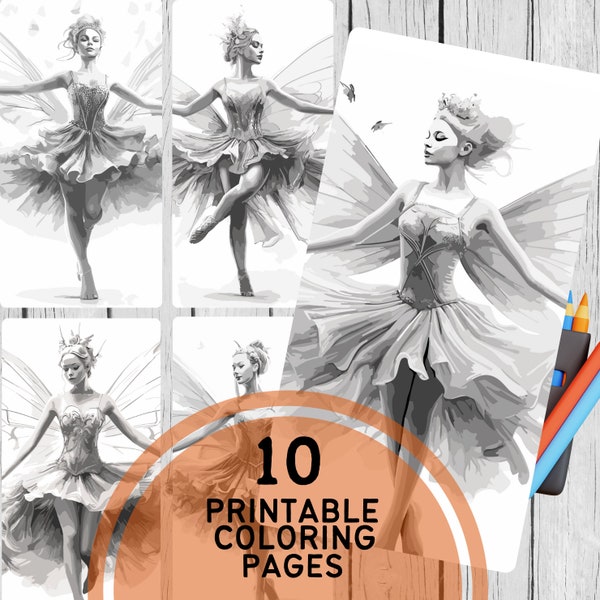 10 Printable Grayscale Adult Coloring Pages Ballerina Fairies Coloring PDF Instant Download