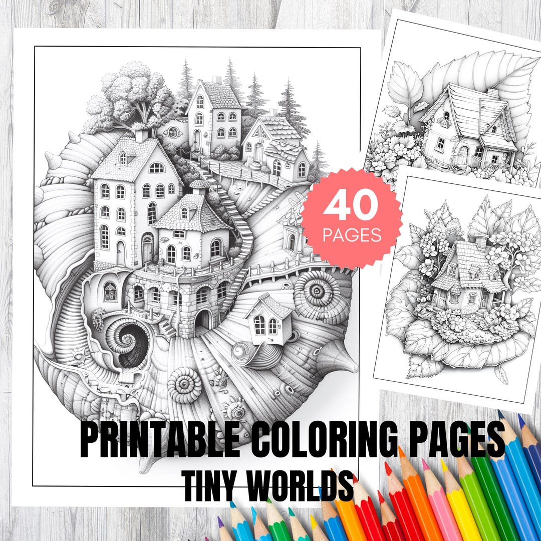 Forty Adult Coloring Pages Tiny Worlds on Leaves, Seashells, Eggshells ...