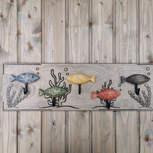 Colorful and playful wooden wall mount coat rack Fish Tank with 5 hooks