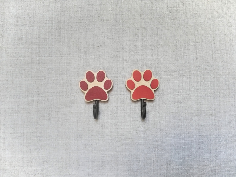 Wooden dog leash hook for wall Paw Print in red and orange