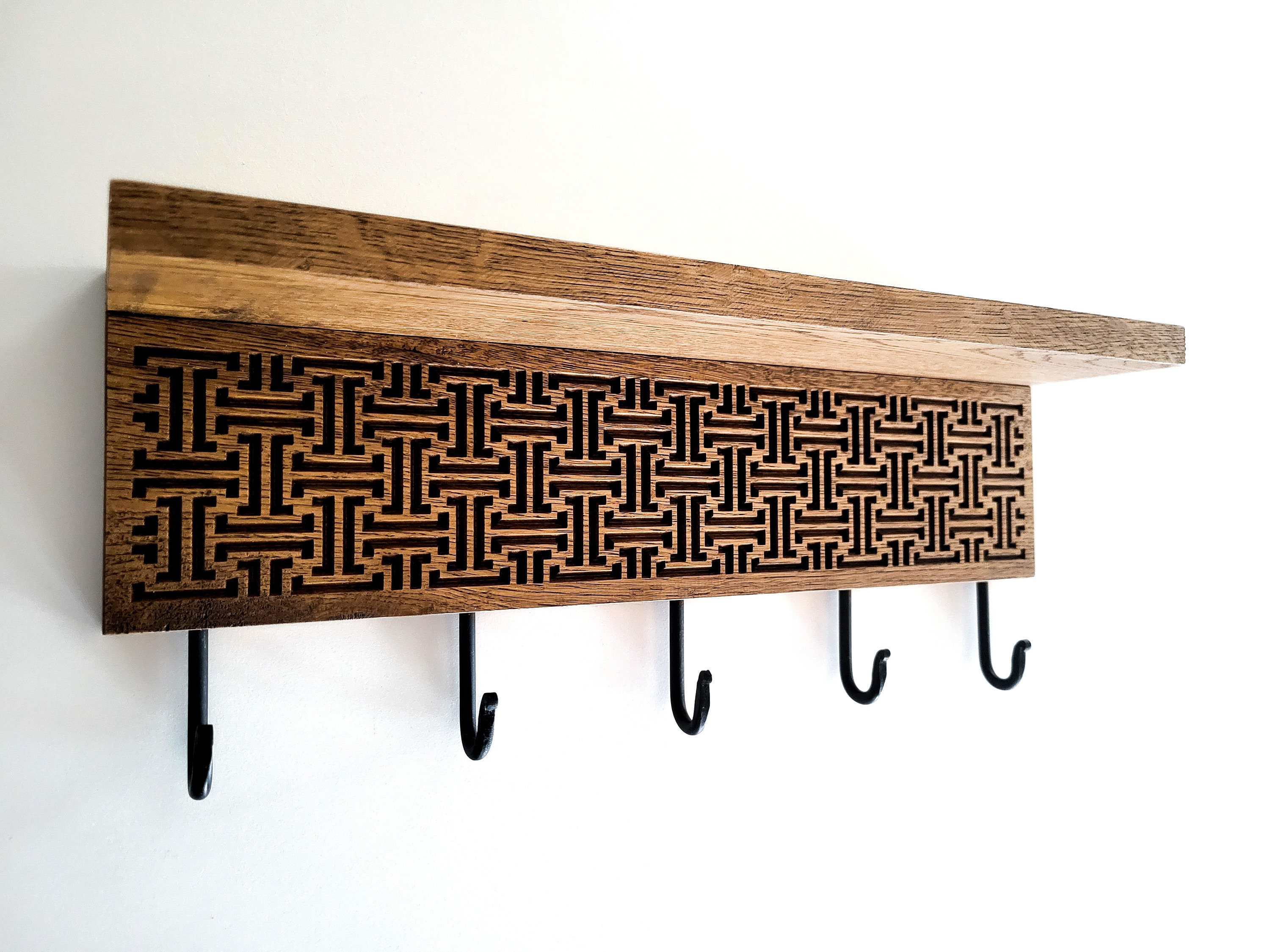 Oak Wall Mount Coat Rack With Shelf, Artistic Design, Iron Hooks - Etsy UK
