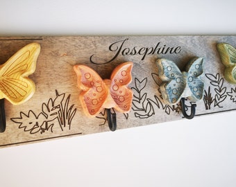 Colorful Wall Coat Rack Field of Butterflies with 4 Hooks