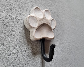 Wooden Dog Leash Hook – Paw Print Wall Hanger, Off White Oak
