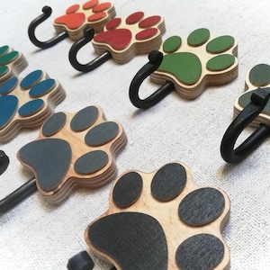Wooden dog leash hook for wall Paw Print in various colors
