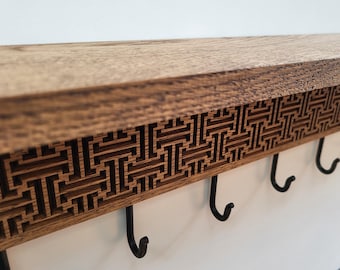 Oak Wall Mount Coat Rack with Shelf, Artistic Design, Iron Hooks