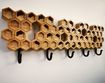 Wall mount coat rack with 5 hooks Honeycomb, gift for bee lovers