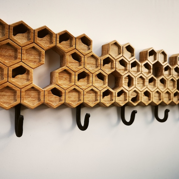 Wall mount coat rack with 5 hooks Honeycomb, gift for bee lovers