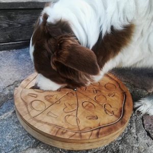 Handmade wooden interactive dog treats puzzle toy and feeder - McPaw's Pizza Spin