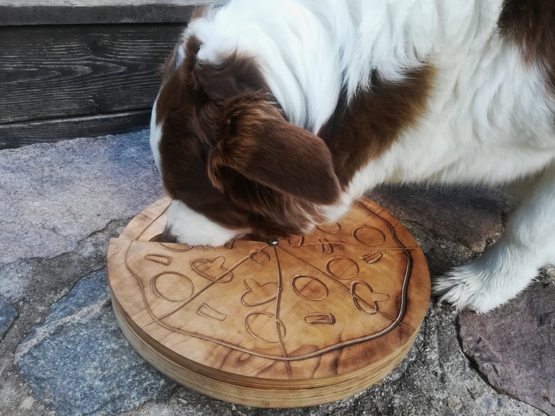 Handmade wooden interactive dog treats puzzle toy and feeder - McPaw's Pizza Spin