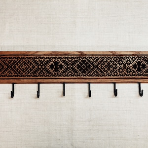 Large Oak Wall Coat Rack with Etno Pattern and 10 Hooks
