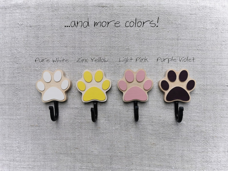 Wooden dog leash hook for wall Paw Print in white, yellow, pink and violet