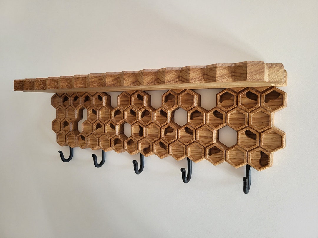 Unique Bee Lovers Coat Rack With Shelf Honeycomb of Oak With Five Hooks ...