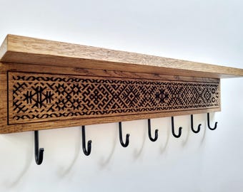 Ornate Etno Oak Wall Coat Rack with Shelf – Engraved Pattern, 5 / 7 / 10 Hooks