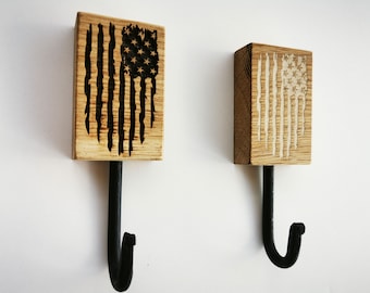 Wooden wall mounted hook American Flag of Oak