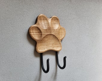 Wooden dog leash hanger Paw Print 2 hooks
