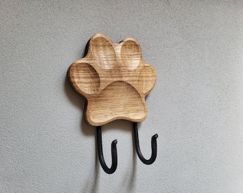 Wooden dog leash hanger Paw Print 2 hooks