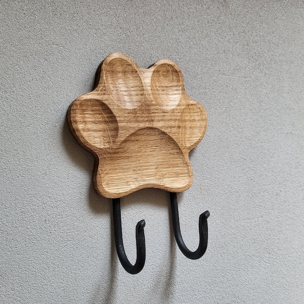 Cintre en bois pour laisse pour chien Empreinte de patte 2 crochets