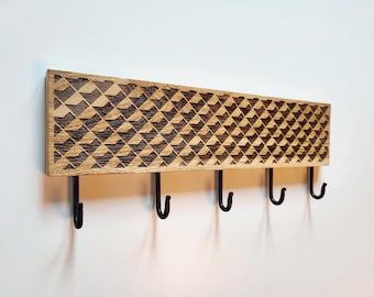 Geometric Wood Wall Coat Rack with Black Hooks – 5 or 7