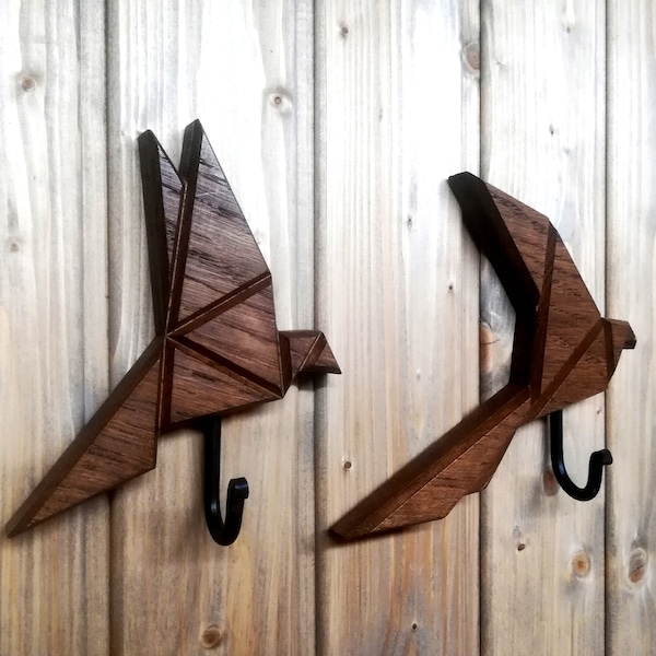 Origami style wooden birds coat hooks – a set of two