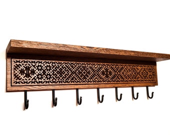 Unique ornate carved wall mounted coat rack with shelf Etno with 5, 7 or 10 hooks