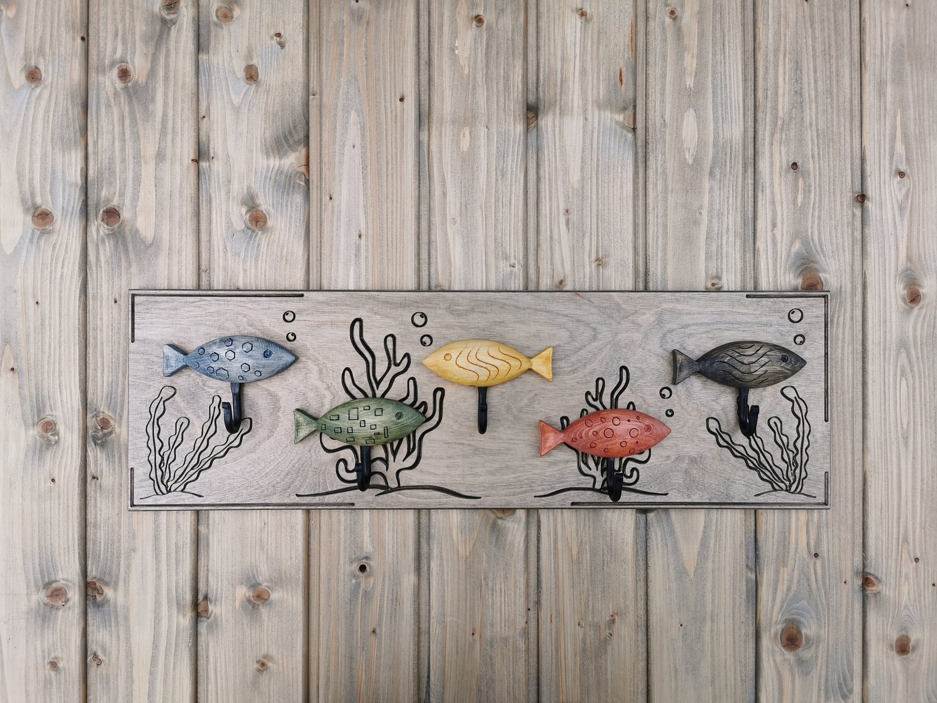 Colorful and Playful Wooden Wall Mount Coat Rack Fish Tank With 5