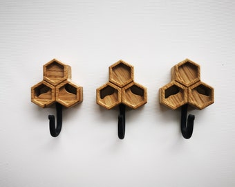 Wooden bee-themed coat hook or key holder for wall Honeycomb of natural oak