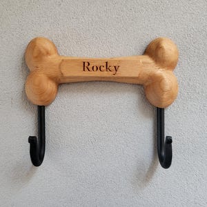 Personalized dog leash holder for wall Bone with 2 hooks, natural or brown color