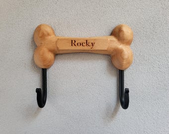 Personalized dog leash holder for wall Bone with 2 hooks, natural or brown color