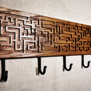 Solid Oak Wall Mount Coat Rack with 5 to 7 Hooks - Labyrinth